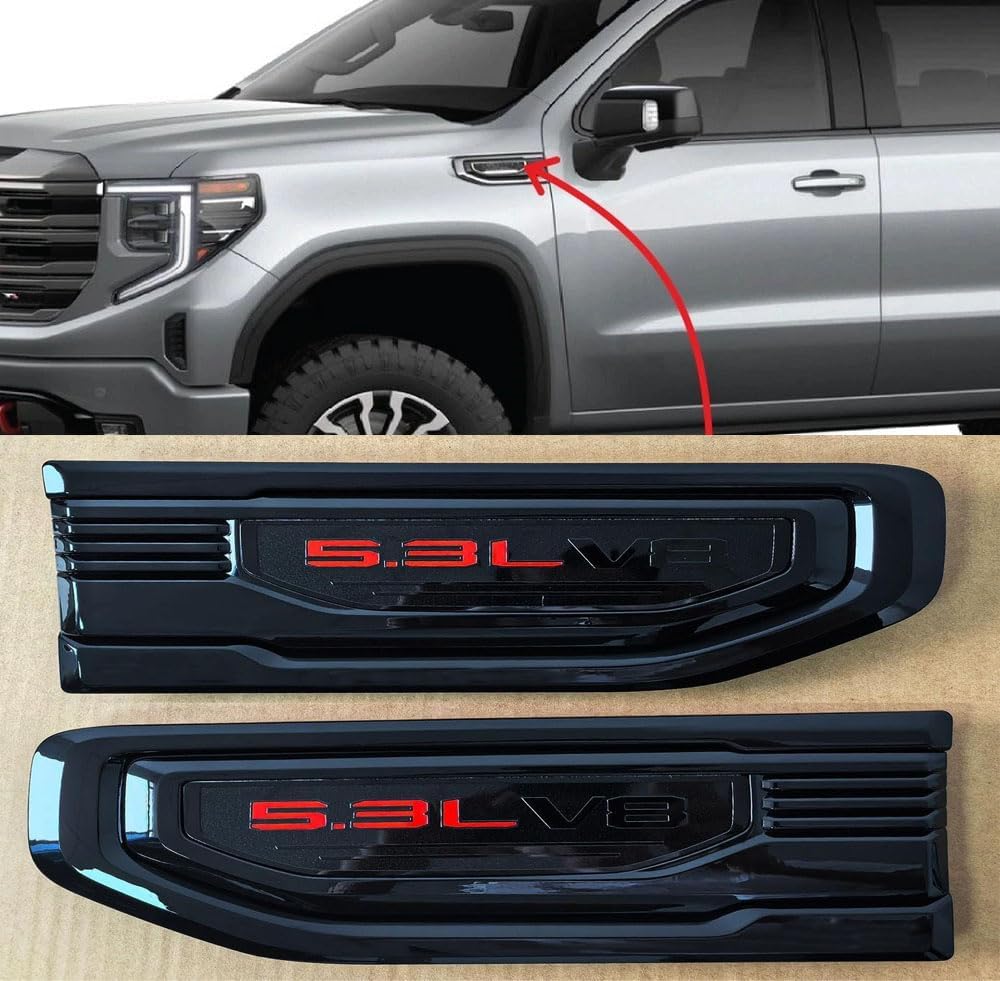 2 Pack 5.3L V8 Vent Emblems Driver Passenger Badge Nameplate Kit Compatible with 2019-2025 GMC Sierra GM 86532087 84926563 (Black Red)