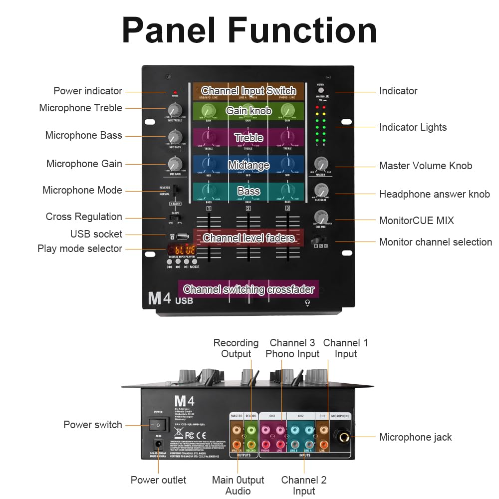 M4 4-Kanal DJ Mischpult (Schwarz), Audio Mixer mit Bluetooth & USB, Crossfader, 3-Band EQ, Gain-Regler & Cue-Monitor-Funktion - Professionelles Soundboard für Party, Club, Karaoke
