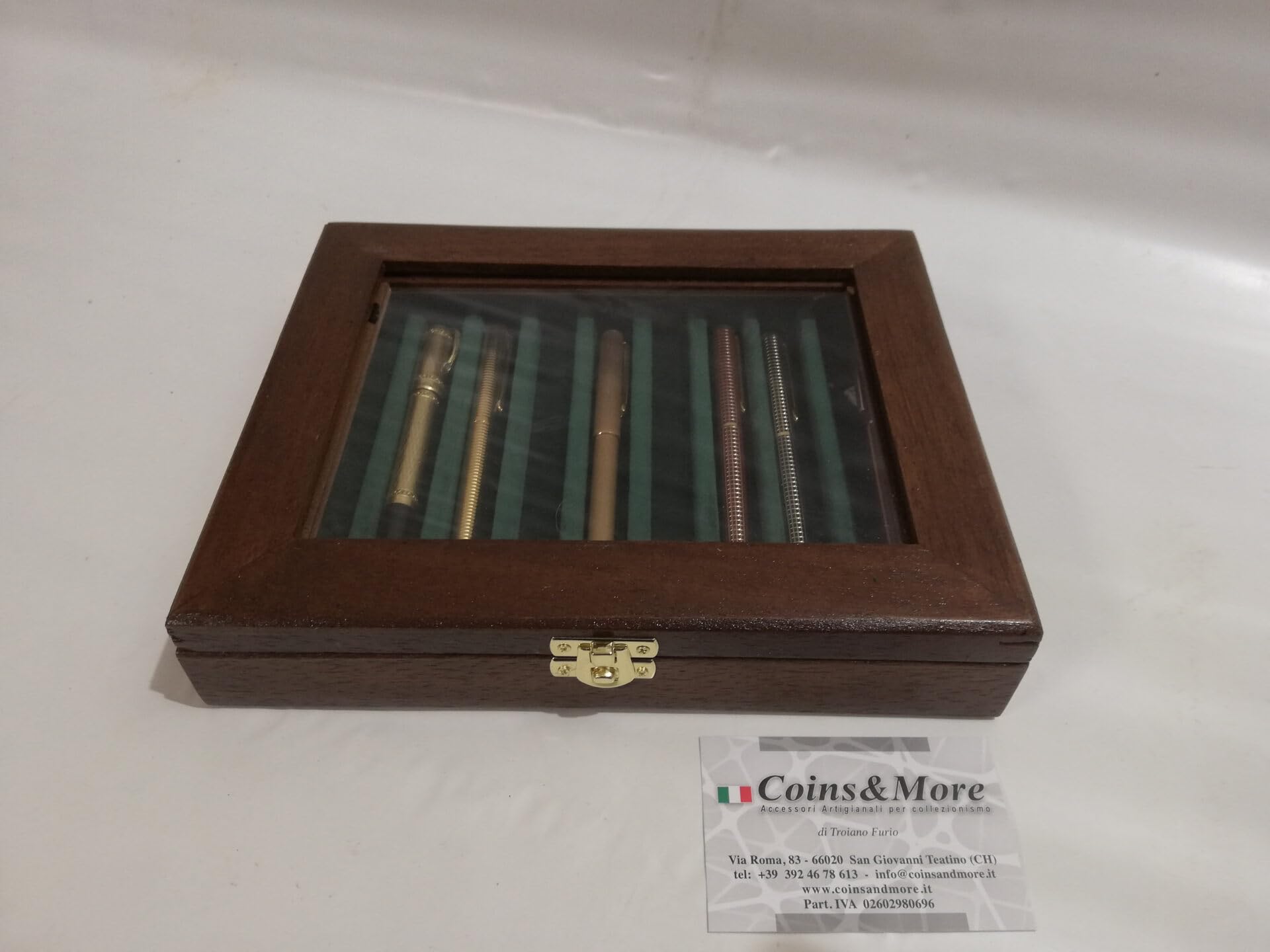 Vetrina Espositore in Legno per Penne Stilografiche con Interno in Velluto, Cofanetto Porta Penne da Collezione per 9 Stilografiche, Artigianale Made in Italy