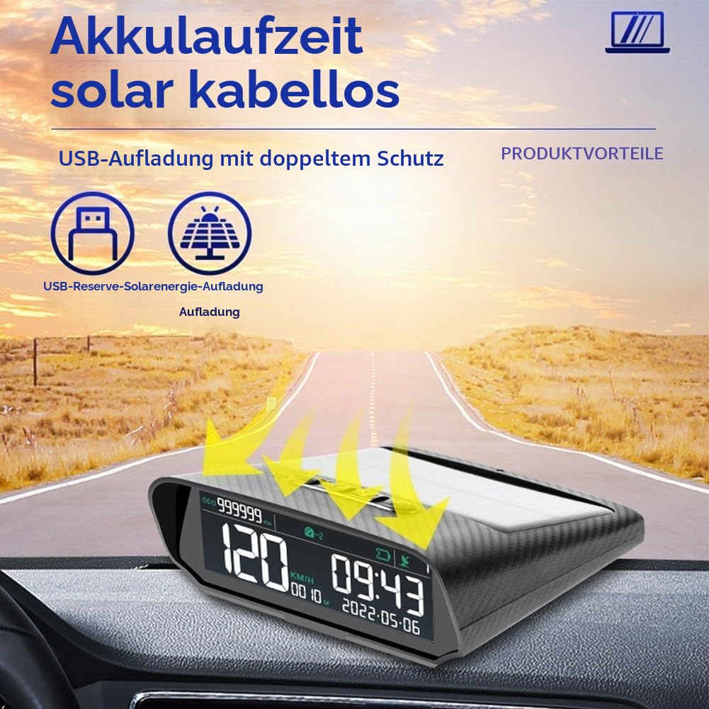 Auto Digital Head-up Display X100 mit Solar USB Power Fahrzeug GPS HUD für Geschwindigkeitsalarme Müdigkeit Fahrerinnerung Kompatibel mit allen Modellen