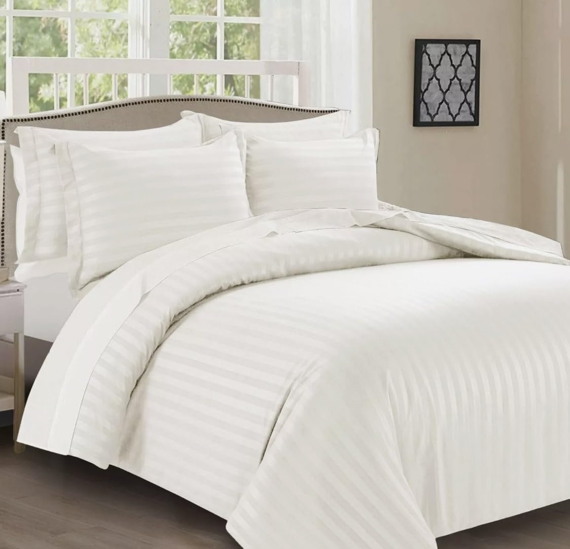 Luxury Product COMPLETE Hotel Quality Duvet Cover SET Stripe Quilt Covers Bedding Set Double King Size (Ivory, Double)