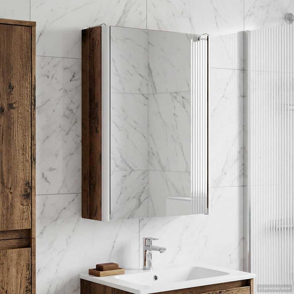 Armadietto da bagno a specchio in legno anticato, 33 x 11,5 x 50 cm, montaggio a parete, con strisce LED, spazio e mensola per lavabo, mobiletto sottolavello, portaoggetti in bagno