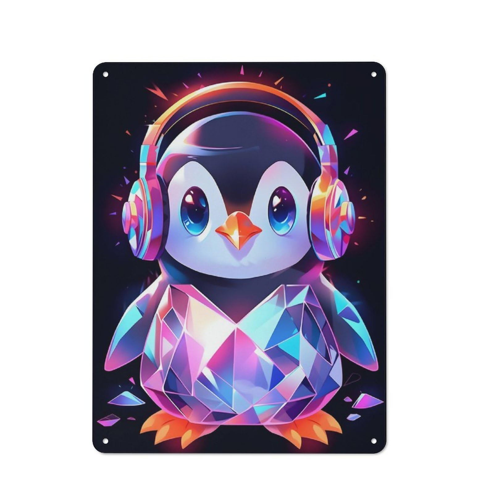 Junmoney Diamond Penguin Headphones Country Farmhouse Metal Sign 40X30cm, Farmhouse Wall Decor For Dining Room, Cafe, Entryway Or Family Room