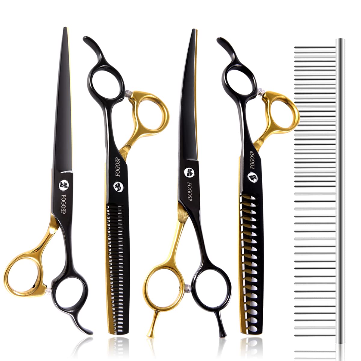 Hundepflegeschere-Set für kleine Hunde, schwarz und goldfarben, zweifarbige Mixerschere, gebogene Schere, gerade Schere, 4-teiliges Set (schwarz und goldfarben, Kit)