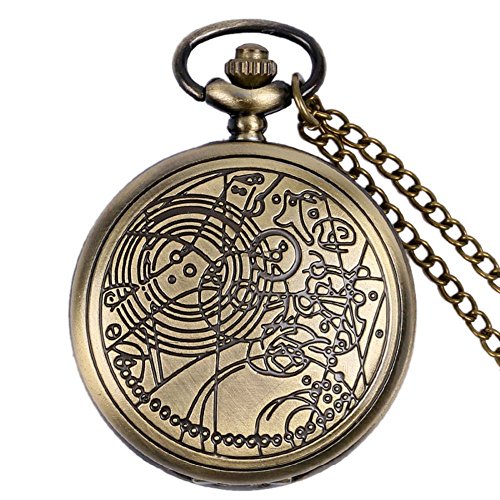 Dr. Who Quarz-Taschenuhr für Herren/Jungen in einem Retro-/Vintage-Gehäuse mit Bronze-Effekt, Savonnette, an einer 80 cm Kette, auch als Halskette