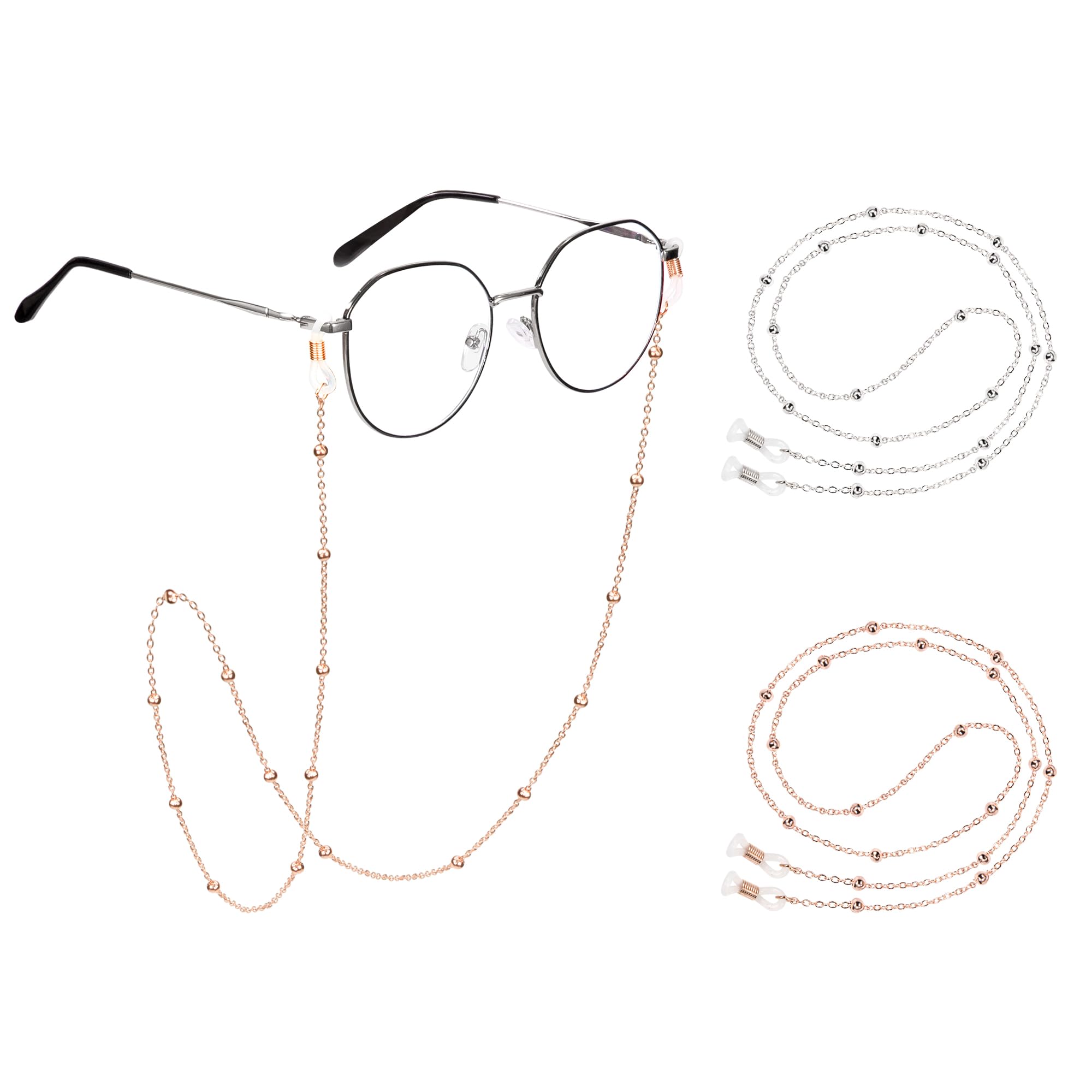 HOLEMZCadena de Gafas Mujer 2 Piezas Cordones de Gafas de Metal Colgante Retenedor Soporte Antideslizante para Lectura Alrededor del Cuello Hombres Señoras Plata Oro Rosa