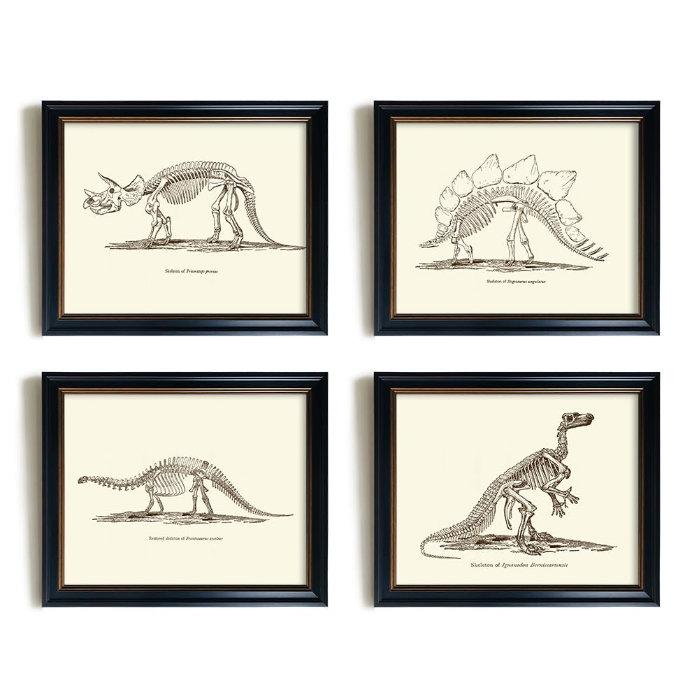 Vintage Dinosaur Skeleton Wall Art for Bedroom, Retro Funny Dino Bone Animal Sketch Nursery Decor Picture for Boy Son, Modern Rustic Educational Beige