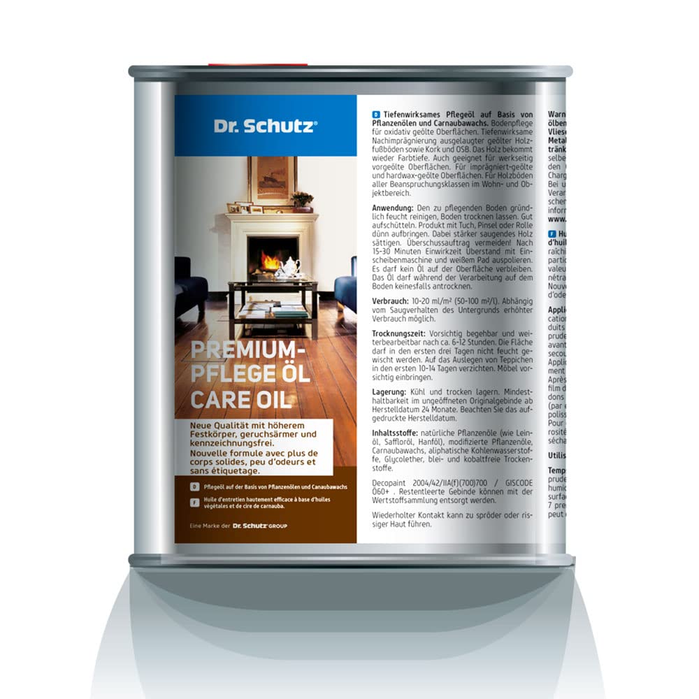Dr. Schutz Premium-Pflege Öl 1 L farblos | Bodenpflege für geölte Holzböden und Parkettböden, Korkböden und OSB-Platten | Auffrischung und Pflege für Holzoberflächen | Parkettpflegeöl Holzöl