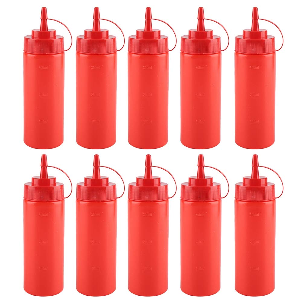 Omabeta 340 ML 10 Pièces/Ensemble Distributeur de Condiments en Plastique Condiment Bouteille à Presser pour Sauce à l'huile Crème Vinaigre Huile Ketchup Plaque Chauffante(Rouge)