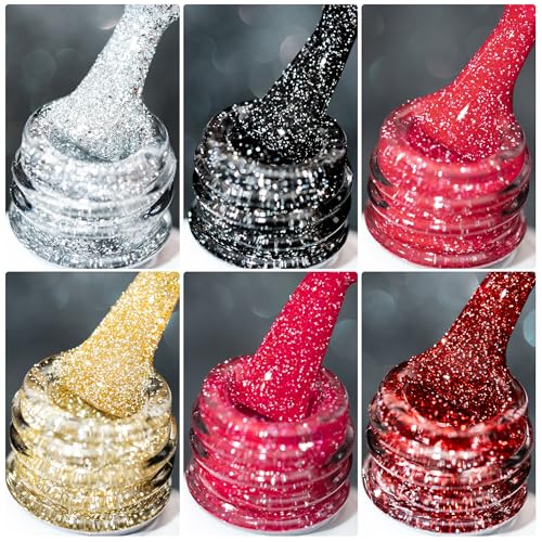 BURANO Esmalte de uñas de gel UV con purpurina reflectante, 7,3 ml, verde, morado, rosa, plata, naranja, brillante, holográfico, esmalte de uñas para bricolaje, 6 botellas