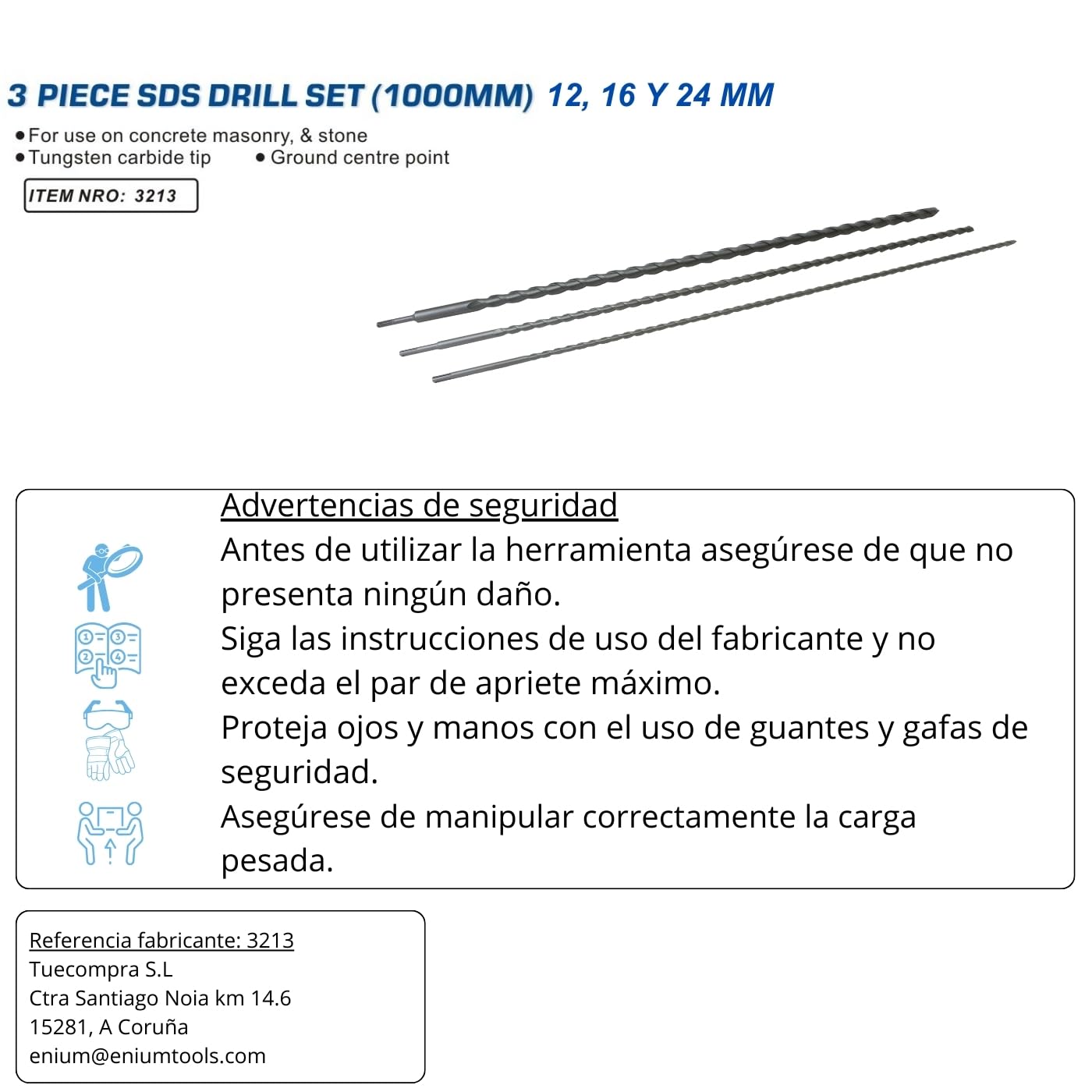 KIT 3 Brocas SDS PLUS de 1 Metro (1000 mm) | Brocas Pasamuros Extra Largas SDS-Plus: Ø 12, 16 y 24 mm | Barrenas Profesionales Hormigón, Piedra y Ladrillo (mampostería. Punta de Carburo de Tungsteno