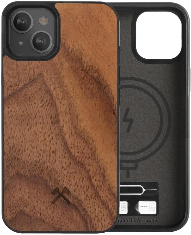 WOODCESSORIESMagnetic Bumper Case Compatible with iPhone 13 Mini case with Magnet, Made of Wood, Walnut