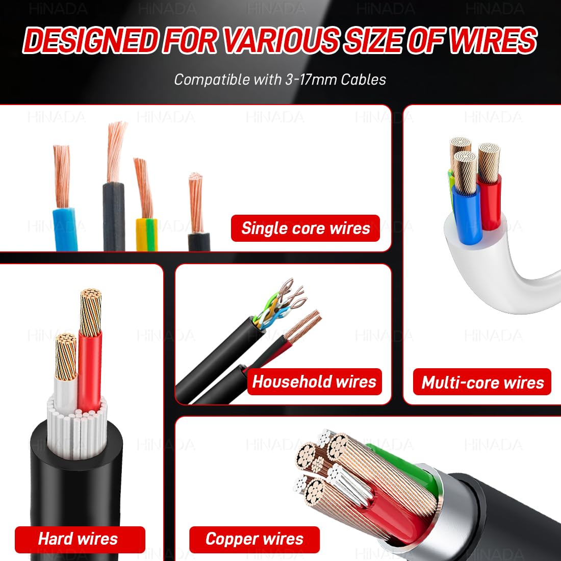 Pelacables eléctrico, 6 posiciones, 5 cuchillas, apto para cables de 3 mm a 17 mm Alicates pelacables manuales o accionados por taladro para reciclar cables viejos (negro)