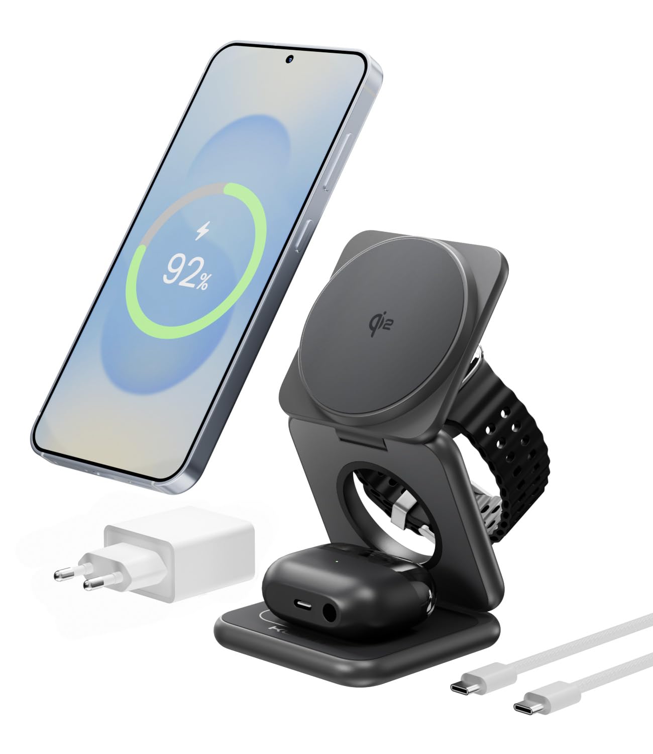 KU XIU Qi2 3-in-1 Magnetica Caricatore Wireless per Samsung | Stazione di Ricarica per Galaxy S26, Ricarica Rapido da Viaggio per Galaxy Watch, per Galaxy Buds (Adattatore 45W Incluso)