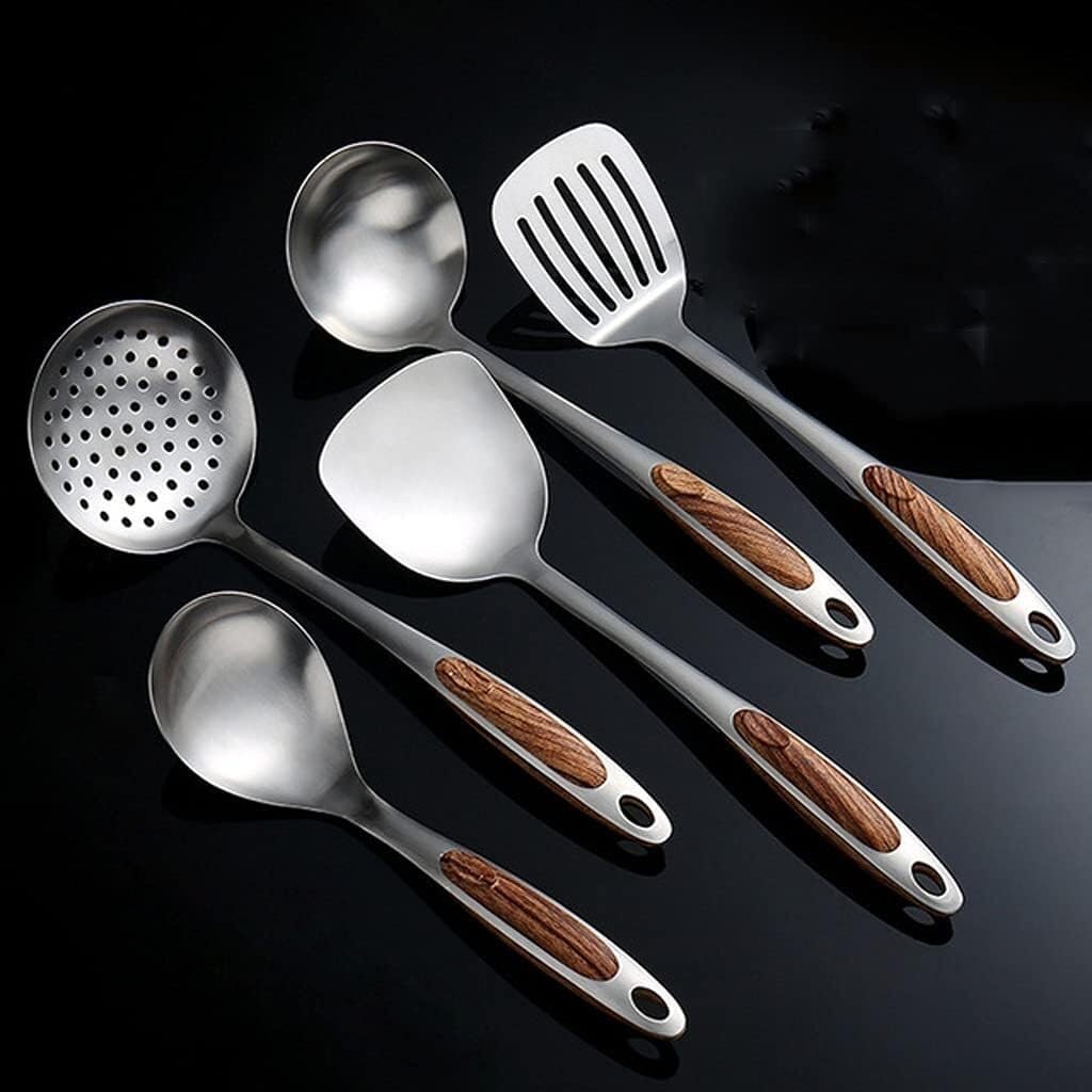 NGDFGR Stainless Steel Kitchen Set Kitchenware 5Pcs Home Cooking With Wooden Handle Spatula Soup Spoon Kitchen Tool,
