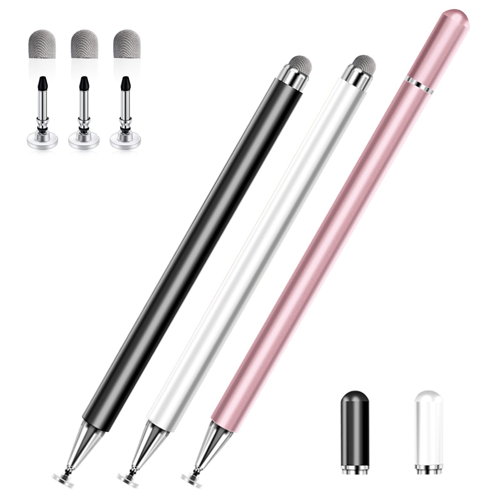 Stylus Pens for Touch Screens, 2 in 1 High Precision Universal Stylus Pen for iPad Compatible with Apple, iPhone, iPad, Android, Samsung Tablets, Phones, 3 Pack-Black,Gold,White
