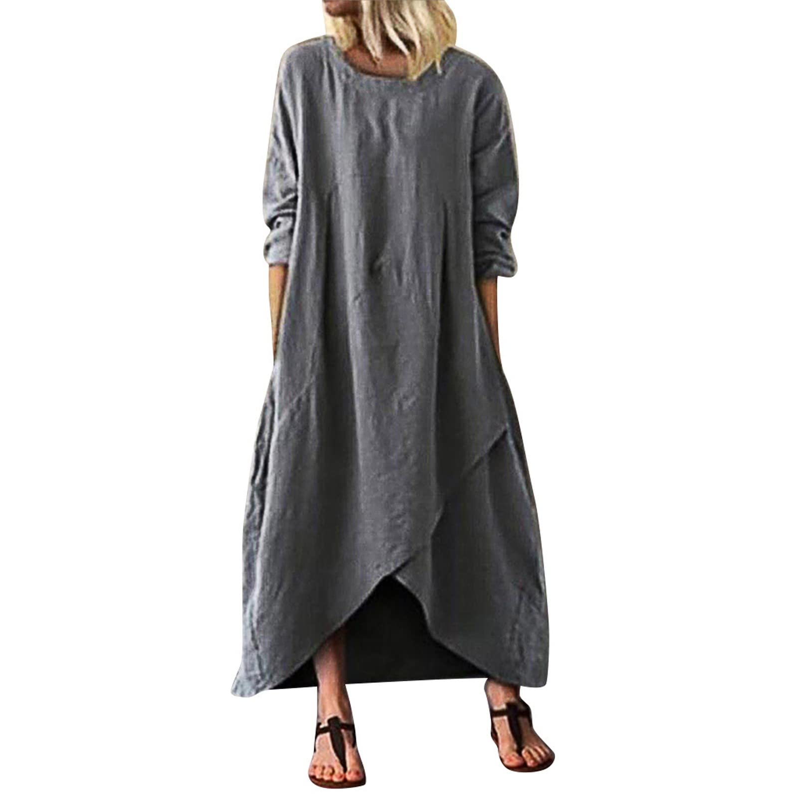 Generic Vestido largo de verano para mujer, vestido de lino, vestido medieval, redondo, manga larga, ligero, elegante, vintage, vestido de verano, grande, lino, vestido de playa
