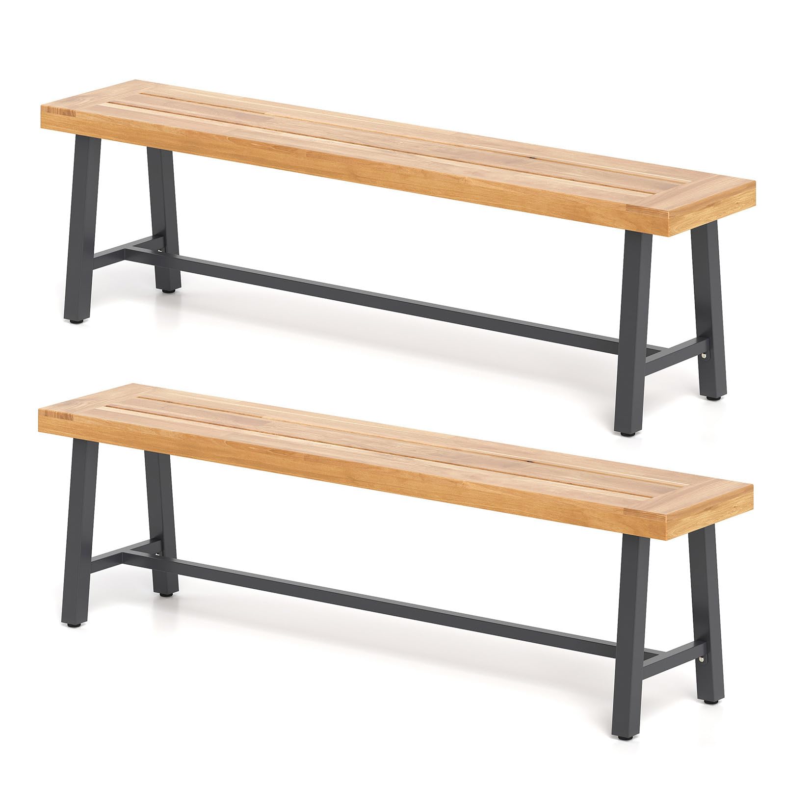 COSTWAY Lot de 2 Banc Exterieur Jardin en Bois d’Acacia, Banc de Jardin à 3 Places, Capacité 360 kg, Coussinets Antidérapants, Pieds en Métal, Banquette pour Cour Porche Terrasse, 160 x 32 x 45 cm