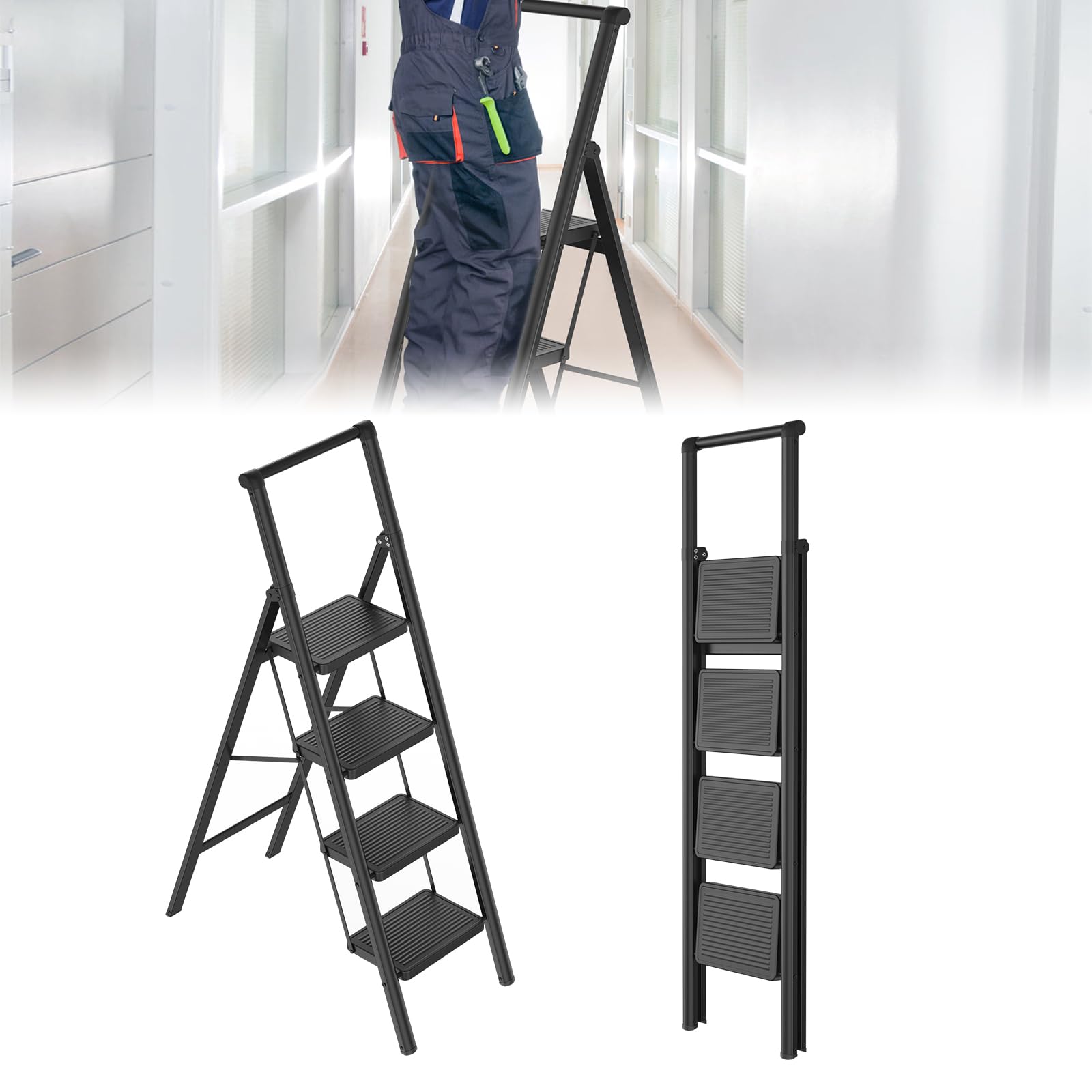 UISEBRT Scala a 4 gradini pieghevole con corrimano, scala domestica, gradini antiscivolo, portata fino a 250 kg, scala per casa, ufficio, cucina, colore nero