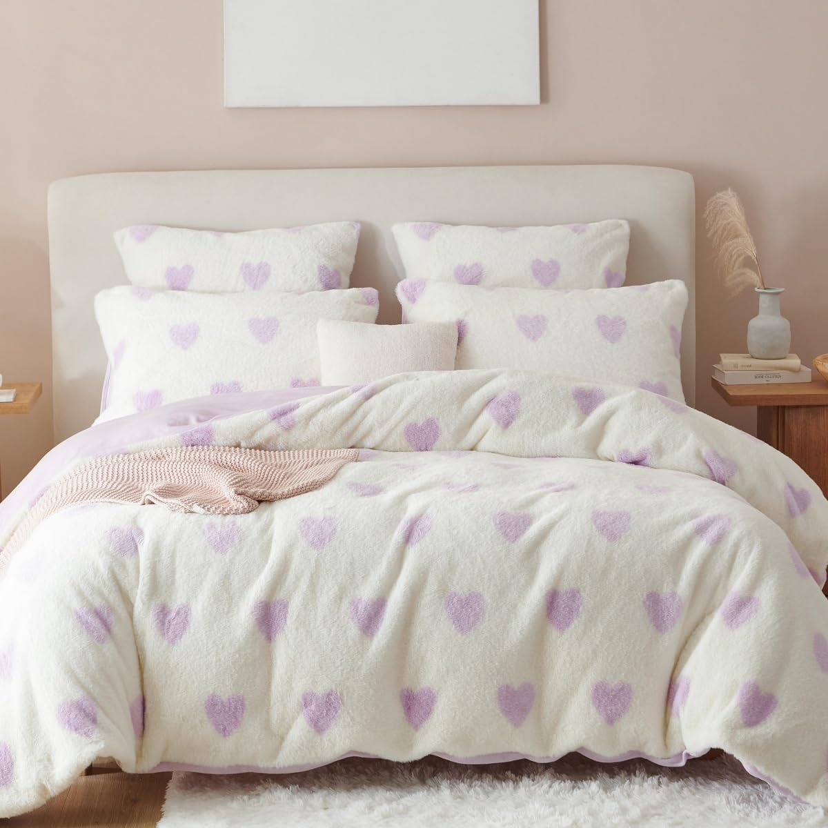 Sacebeleu Kissenbezug 40x80cm 2er Set Plüsch Biber Flanell Flauschig Lila Weiß Herzen Zierkissenbezug Kissenhülle Doppelpack Winter Kopfkissenbezug