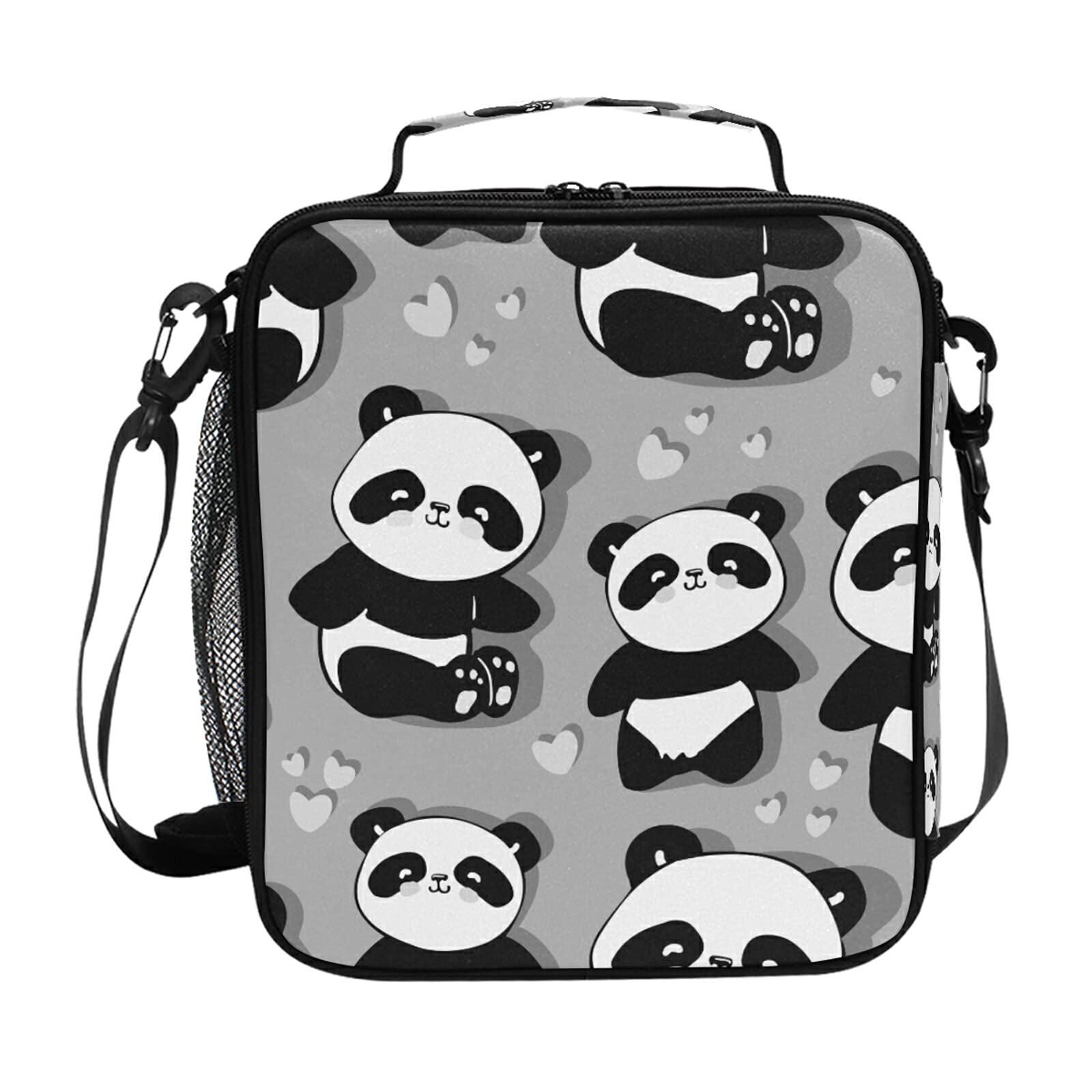 Seamless Black White Cute Panda with Hearts on Grey Lunch Bags Lunch Cooler Bag, Crossbody Insulated Lunch Box, Reusable Tote Shoulder Bag for Outdoor Picnic Travel Work School