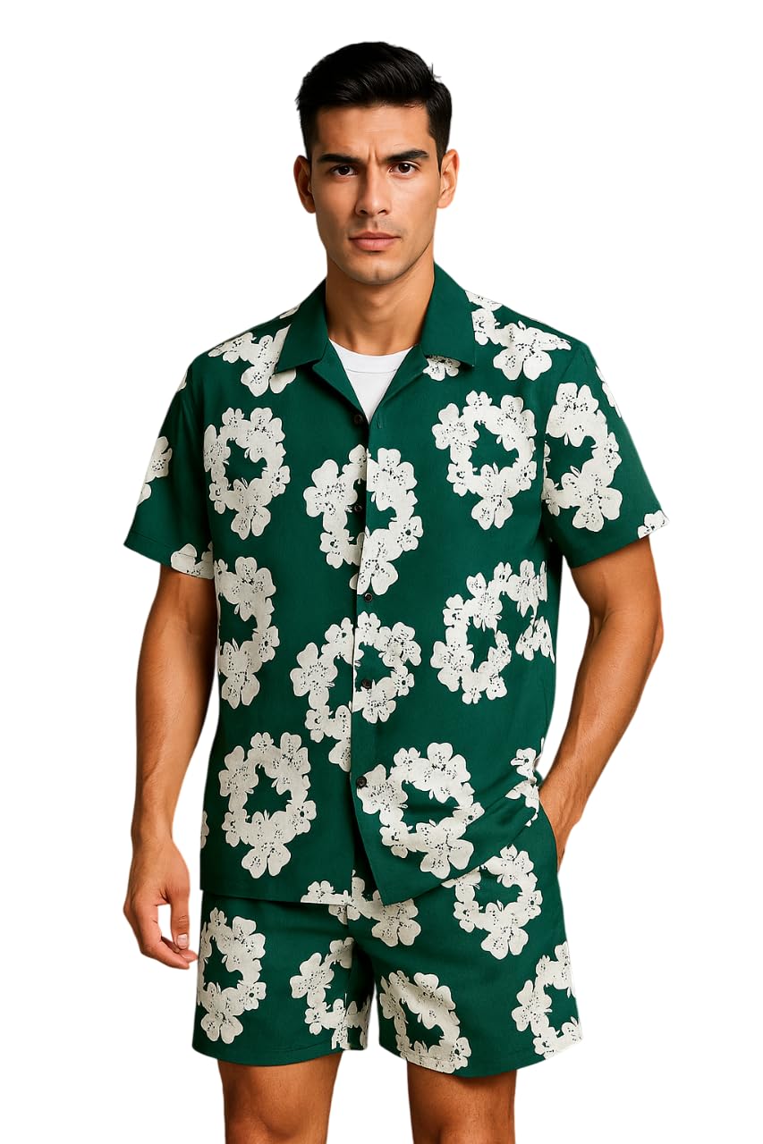 Men’s Printed Co-Ord Set | Plus Size Casual Shirt & Shorts Set | Nightwear Pajama Suit, Loungewear, Beachwear & Vacation Outfit Design No NS JIO Green-picture-43
