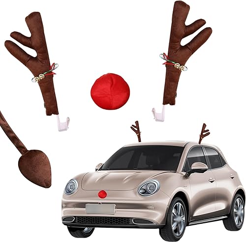 Miniatura 7 de Ajxn 3 piezas de decoración de cuernos de automóvil, cuernos de alce, bonitos adornos de Navidad de tela suave con cascabeles, juego de nariz roja,