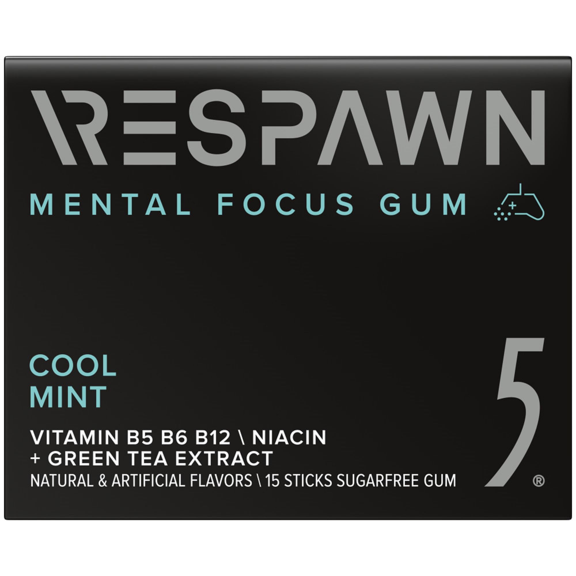 RESPAWN by 5 GUM Mental Focus Gum, Cool Mint Sugar Free Chewing Gum, 15 Sticks