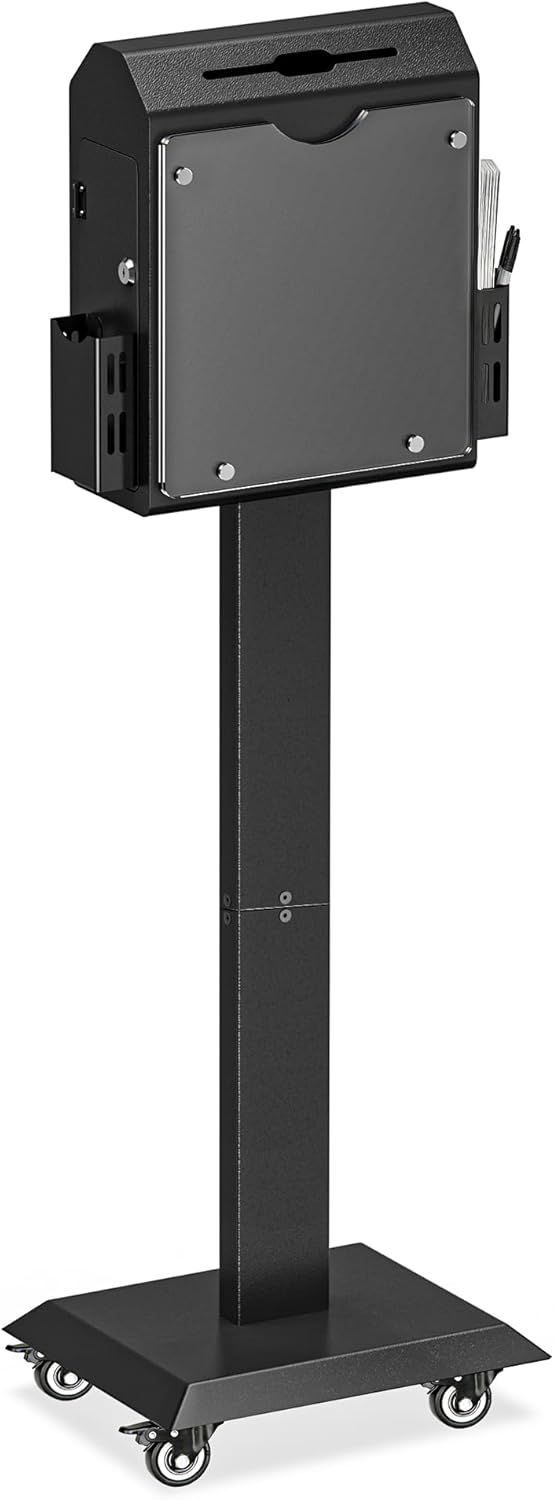42" Suggestion Box with Stand, Alloy Steel Floor Standing Offering Box with Lock, Wheels & Suction Cups, Secure Ballot Donation Drop Box for Church, Office, Charity, Black