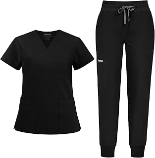COMENII Scrubs for Women Set, V-Neck Scrub Top & Jogger Scrub Pants for Women with 11 Pockets, Comfortable Womens Scrubs