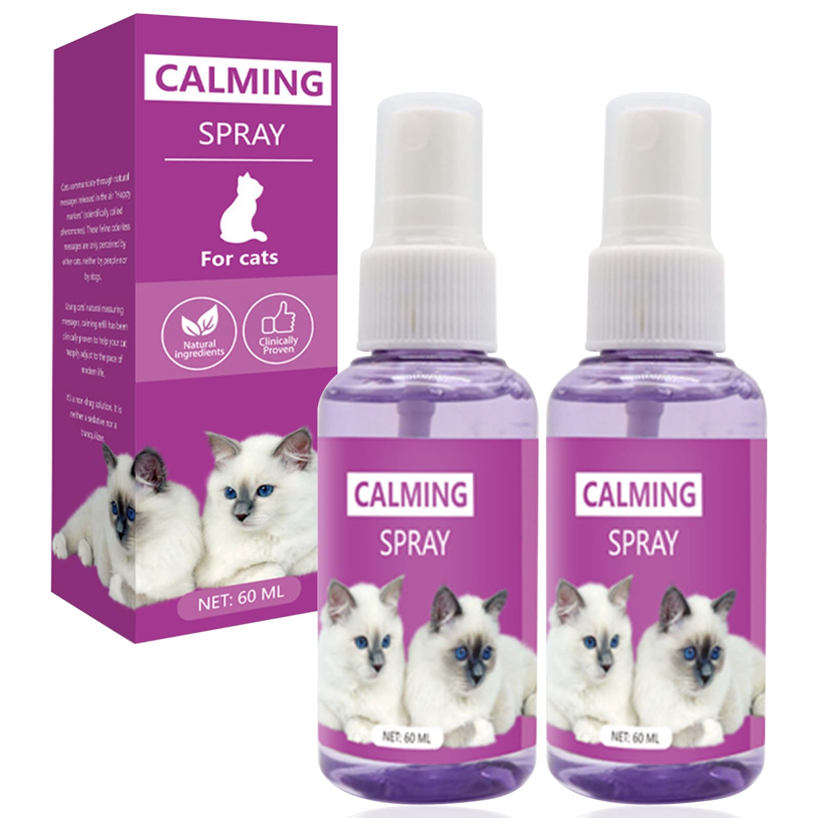 2Pcs*60ml Classic Spray, Haustier Spray, Entspannungsspray, KatzenSpray, Beruhigendes Haustier, Lindert Ängste Stress, Umgebungsspray Für zusätzliche Entpannung, Zuhause und auf Reisen
