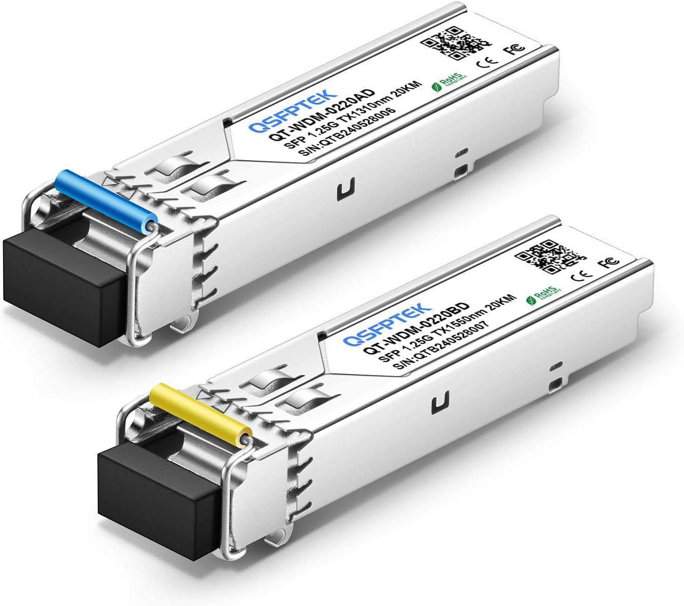 QSFPTEK Module 1.25G BIDI WDM SFP, émetteur-récepteur 1000Base-BIDI, 20 km, port Simplex LC, Tx1310/Rx1550 nm, compatible avec Cisco GLC-BX-U, GLC-BX-D, UF-SM-1G-S, Mikrotik (SMF, 20 km, DDM)
