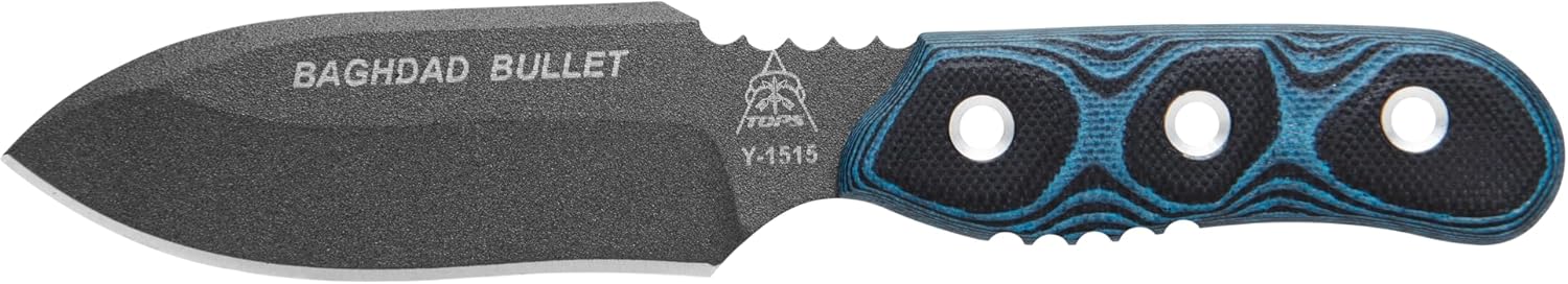 Tops Knives Baghdad Bullet Full Tang Fixed Blade- Tactical Gray Blade Finish- Black Kydex Sheath w/Multi-Position Spring Steel Clip (Blue/Black G10 Handle)