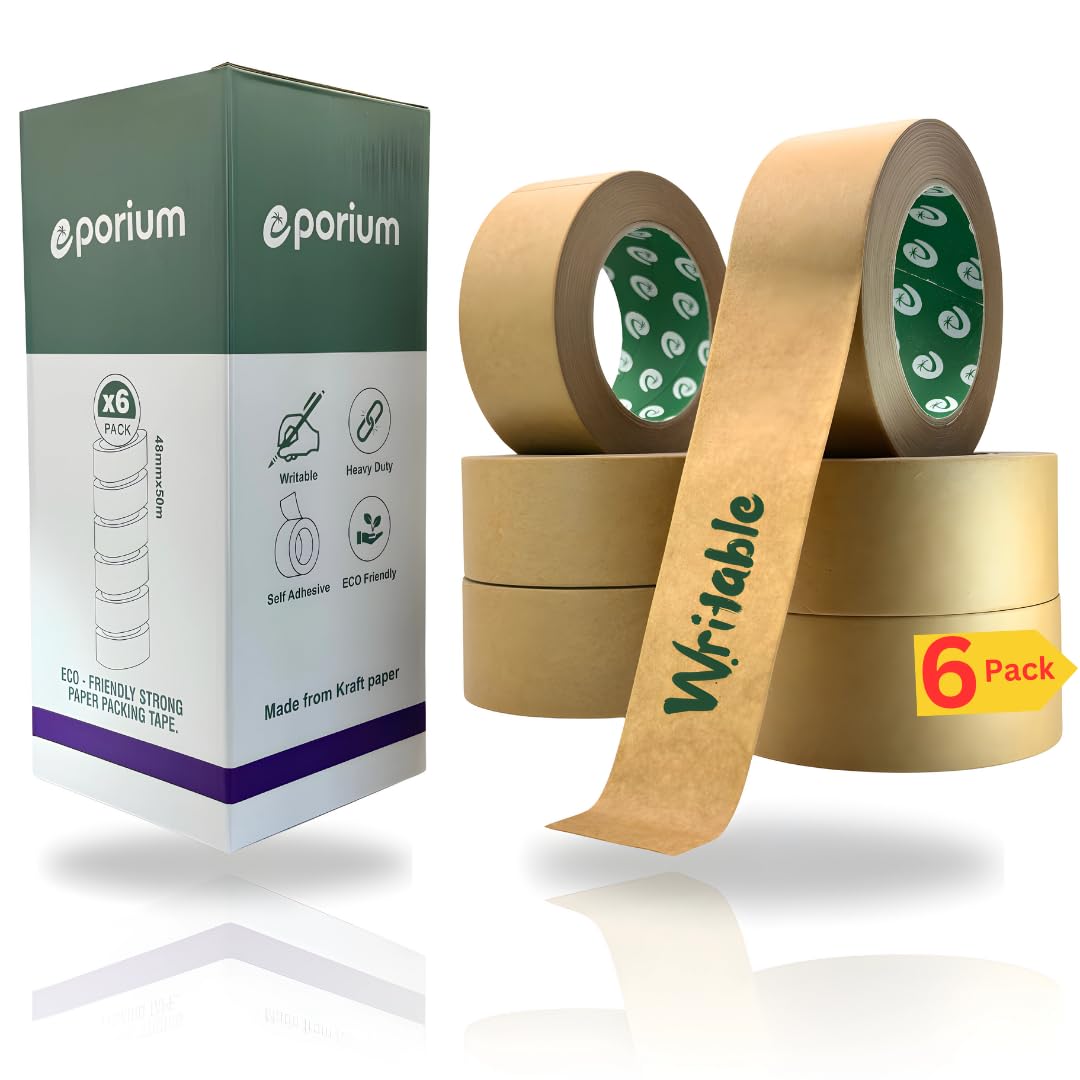 EPORIUM Brown Packing Tape | Self Adhesive Biodegradable Paper Tape | Eco Friendly Heavy Duty Writable & Uncoated Packing Tape for Box & Carton Shipping, Sealing, Moving | 6 Rolls | 2 inch x 55 Yard