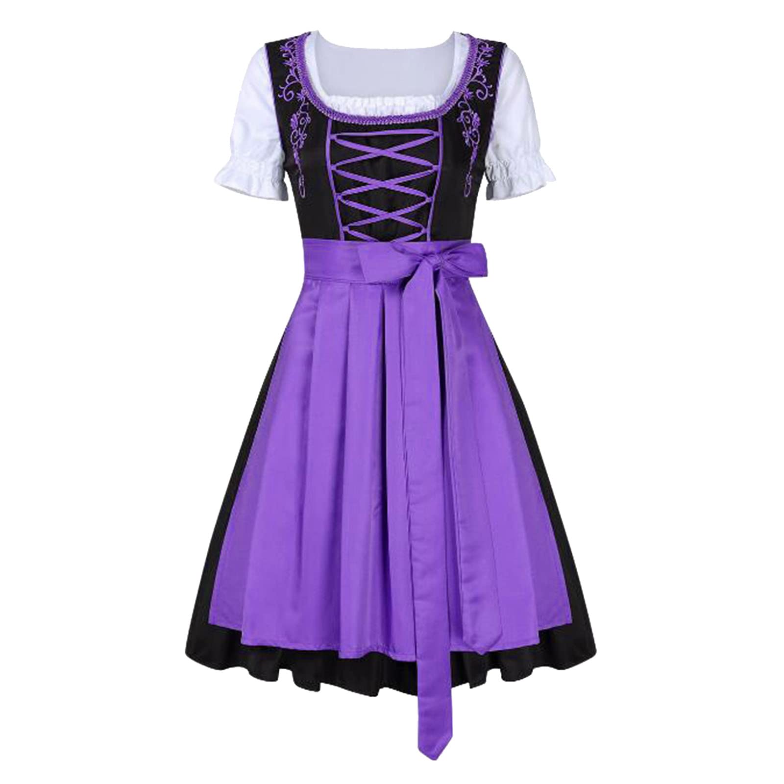 QUINTRADirndl Women's Midi Costume Dress for Oktoberfest with Apron and Blouse Knee-Length Elegant Short Sleeve Dirndl Dress