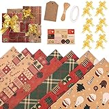 【GREAT VALUE SET】: Además de 12 hojas de papel kraft de 70*50 cm con coloridos dibujos, incluye 12 pequeñas tarjetas colgantes, 13 etiquetas de regalo + 12 lazos de cinta decorativos + cinta de doble cara + unos 10 metros de cordel de papel de regalo, la solución perfecta para sus necesidades de envolver regalos;