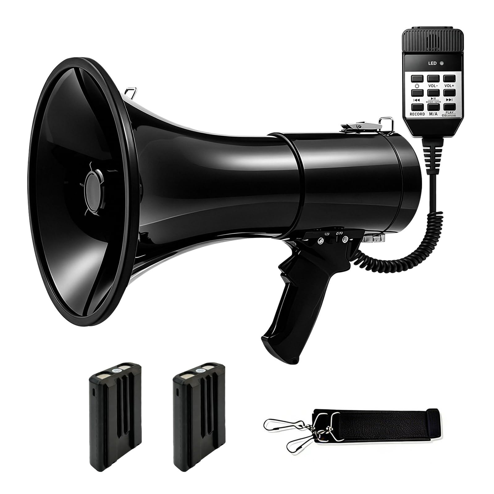 Megáfono 100W Bluetooth con Grabación, Triple Alimentación, 2 Baterías, Alcance 2000m, Sirena, Micrófono Externo, USB, Correa