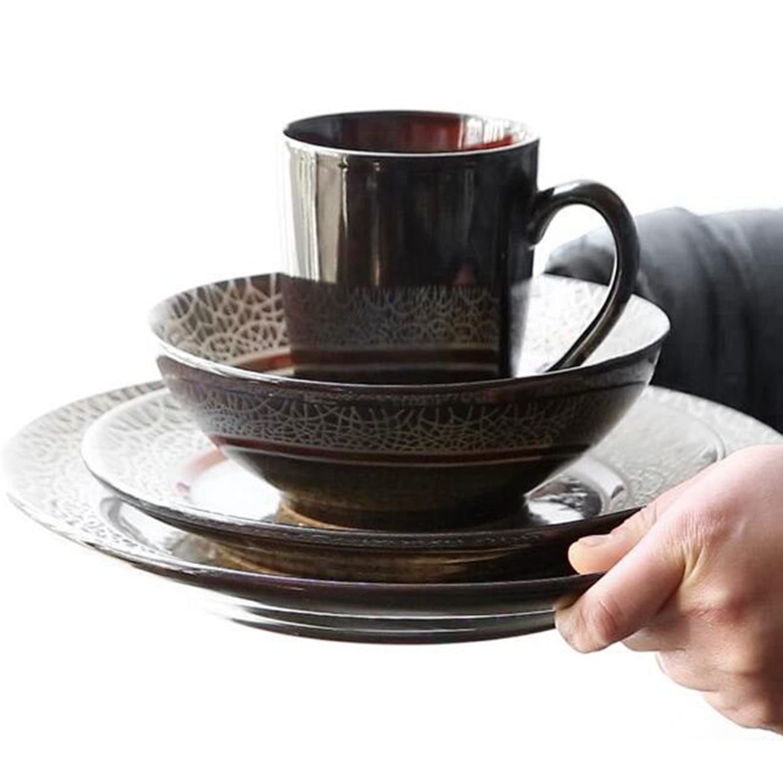 Serwis obiadowy, 16-częściowy, porcelanowy serwis stołowy – zestaw naczyń z talerzami obiadowymi, talerzami deserowymi, miseczkami do musli i kubkami, zastawa stołowa dla 4 osób