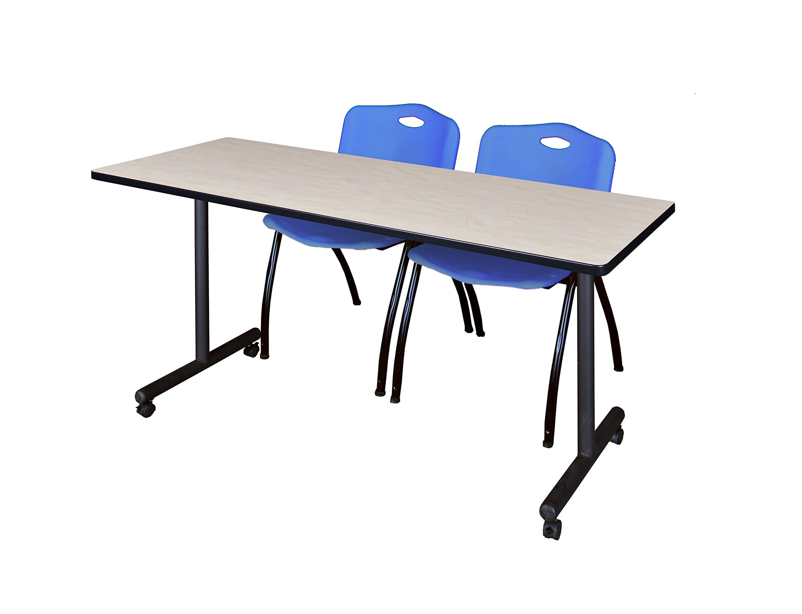 Romig Axis-Pro 72 x 24 in. Mobile T-Base Training Table- Maple, 2 M Stack Chairs- Blue