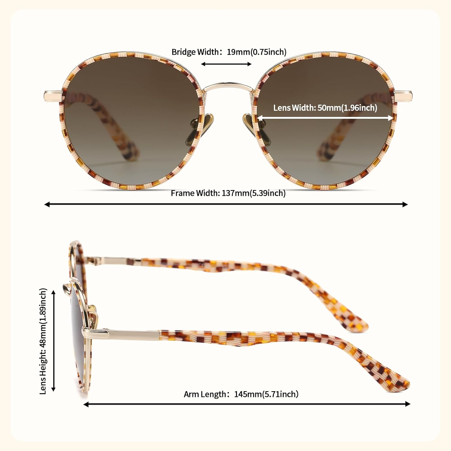 Retro Round Polarized Sunglasses for Women, UV400 Protection Vintage Shades, Lightweight Acetate Metal Frame