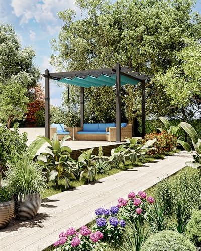 Image of KYBOLT 10x10 Ft Outdoor Pergola Metal Gazebo with Retractable Canopy for Backyard Deck Patio Porch Grape Trellis(Blue)