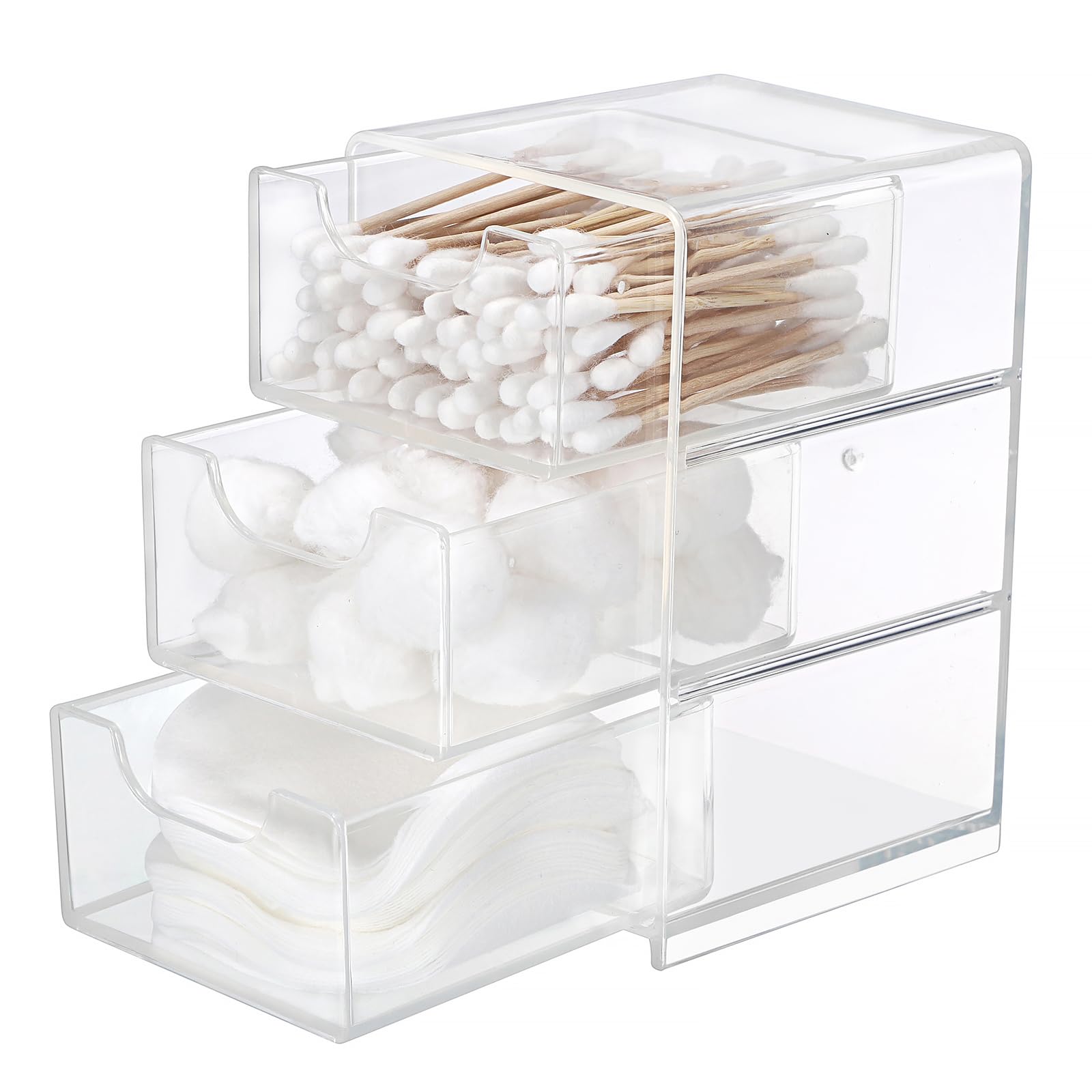 Hipiwe Acrylic Drawer Organizer Qtip Holder for Cotton Pad Cotton Swabs Makeup Storage Drawer with 3 Drawers Clear — view 8