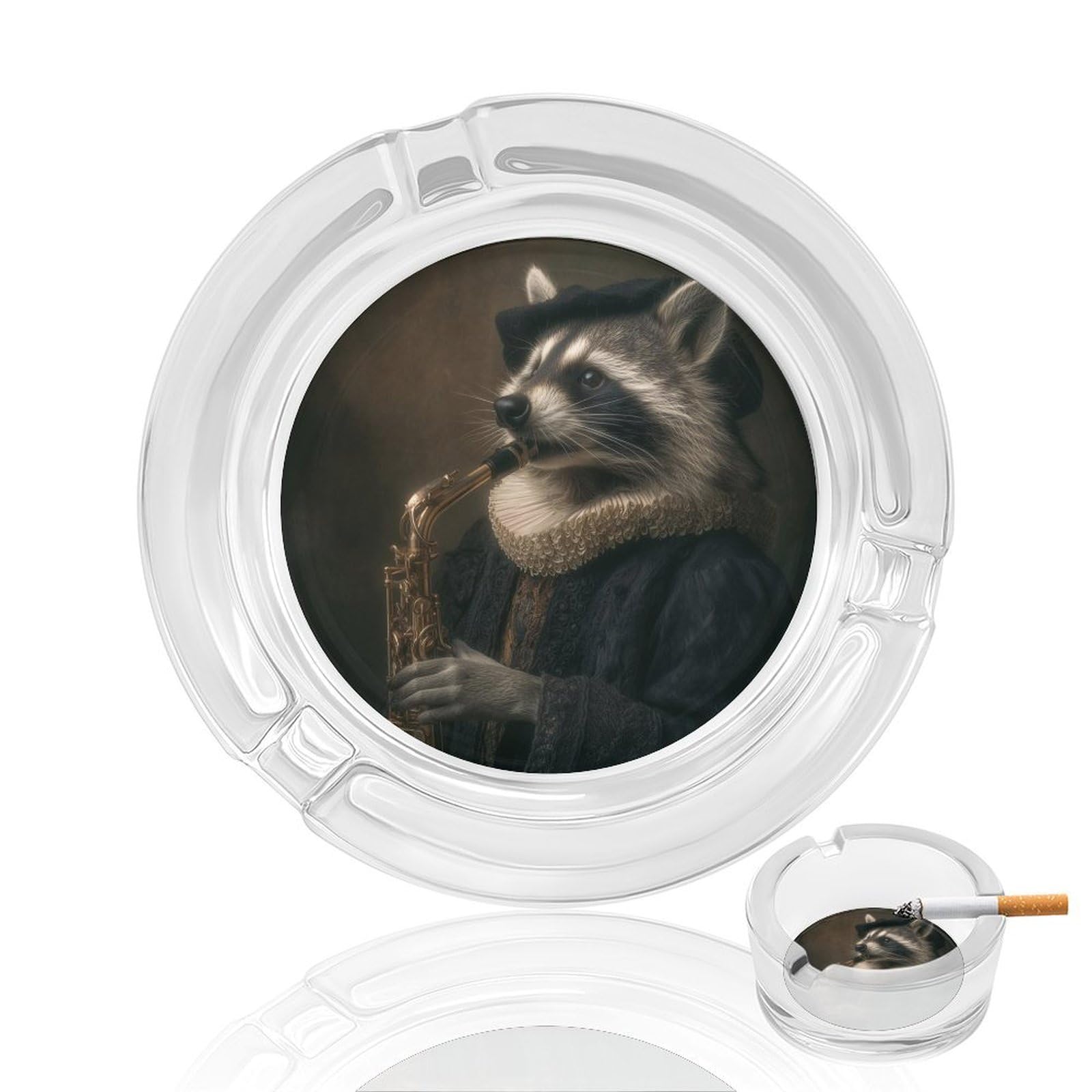 Raccoon Dressed in Dark Clothes Play The Saxophone Glass Ashtray for Cigarettes Portable Decorative Ash Trays for Home Office Decor