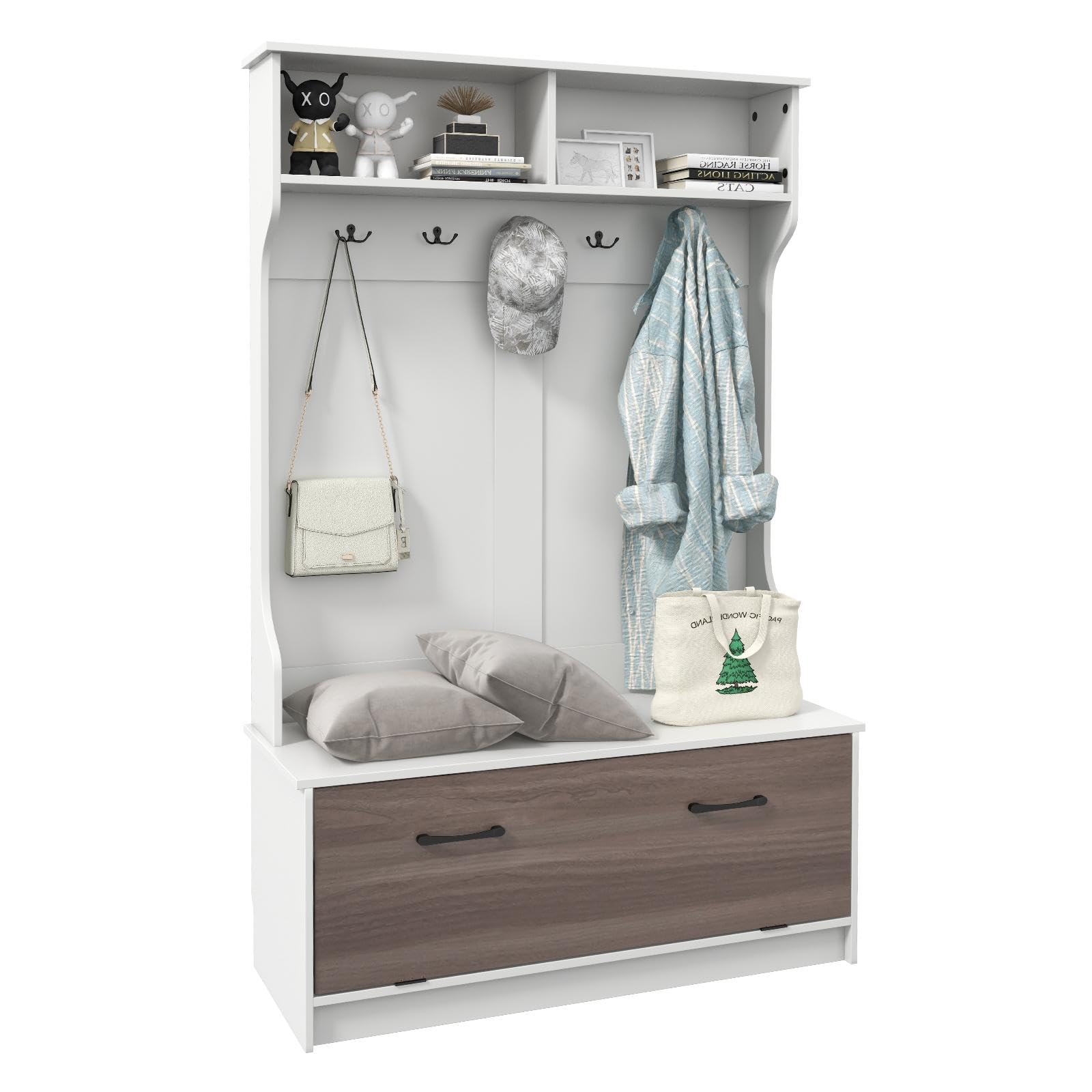 GOPLUS Perchero Entrada Recibidor con Zapatero, Armario de Entrada con Banco, 5 ganchos dobles, 2 Compartimientos Abiertos, Perchero de Pie para Entrada, Salón, Dormitorio, 100 x 40 x 160 cm, Blanco