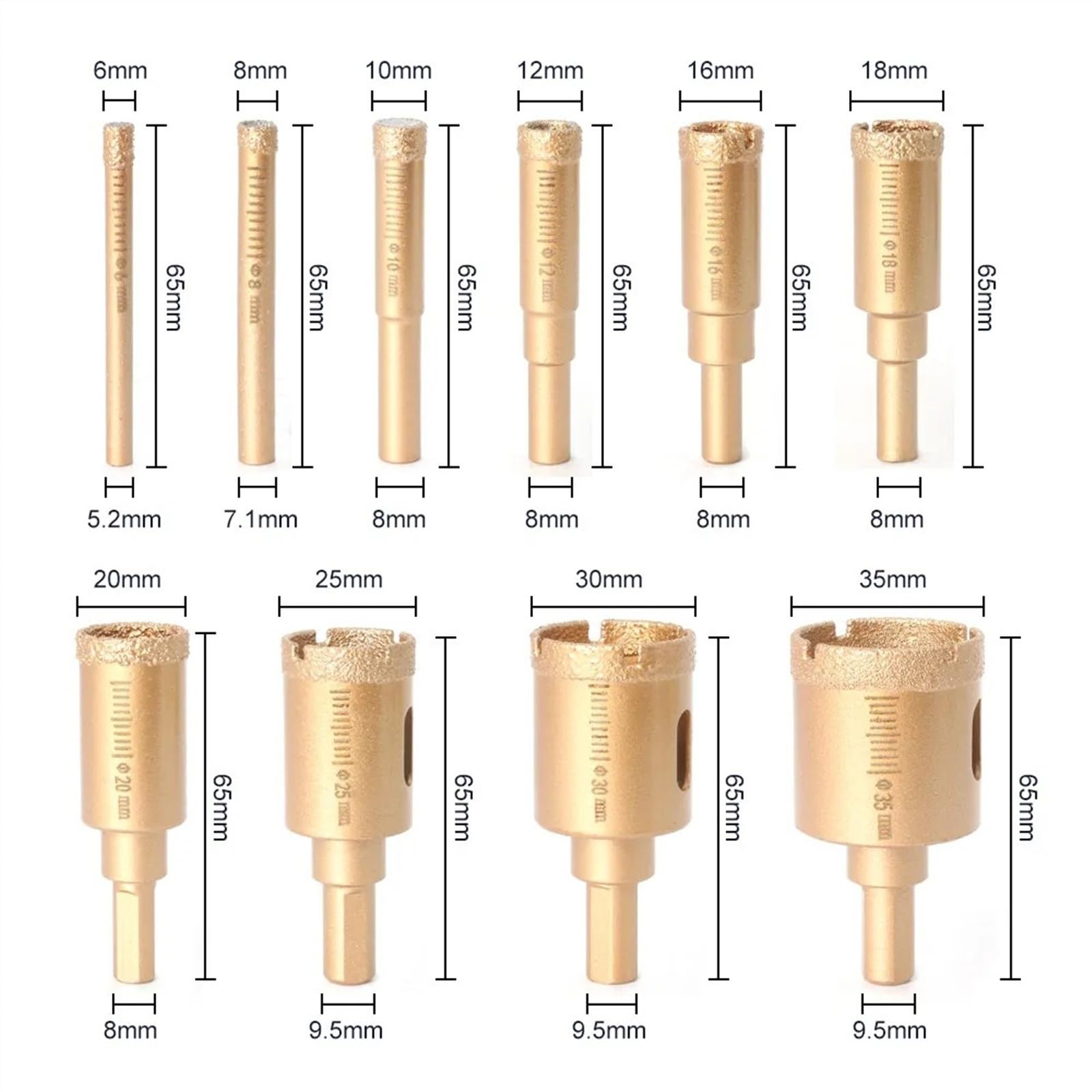 Juego de Brocas con Revestimiento de Diamante, Herramientas manuales for Vidrio, mármol, Granito, Piedra, azulejo, cerámica, 10-12 Uds., 6-35mm (Color : A, Size : 10Pcs Wooden Box)
