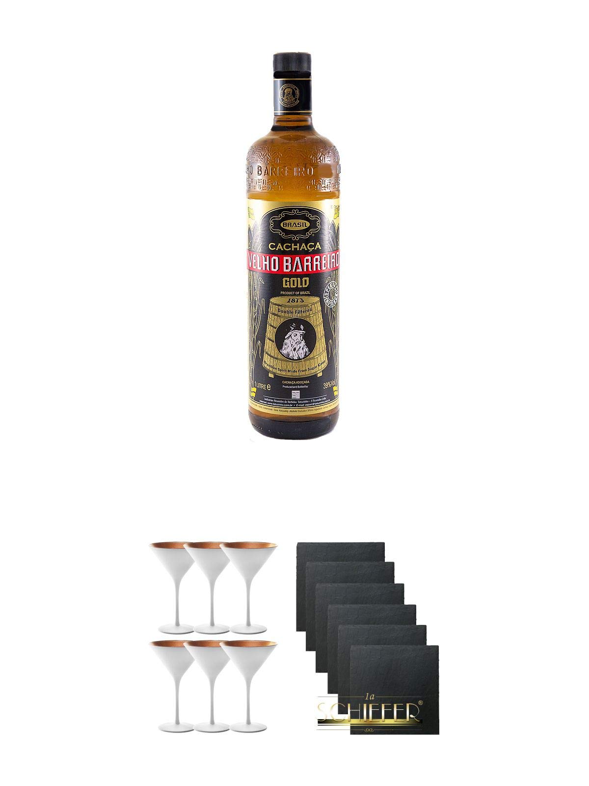 Velho Barreiro Gold Cachaca 1,0 Liter + Stölzle Cocktail-und Martiniglas Olympic Serie 6 Gläser - 1408825 + Schiefer Glasuntersetzer eckig 6 x ca. 9,5 cm Durchmesser
