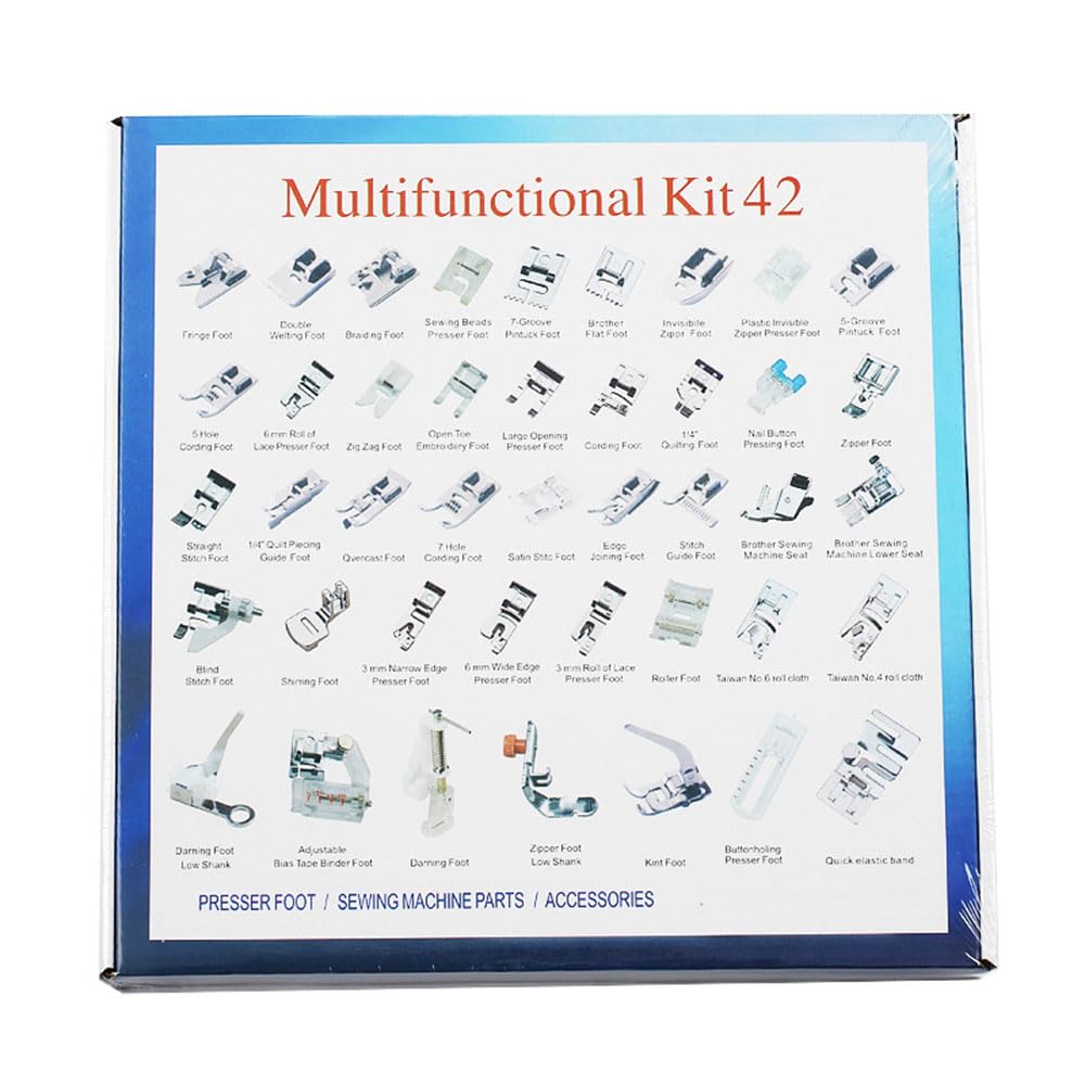 Juego de 42 prensatelas para máquina de coser, opciones multifuncionales, 42 prensatelas para Brother, Singer, Janome, Toyota y la mayoría de máquinas de coser de vástago bajo