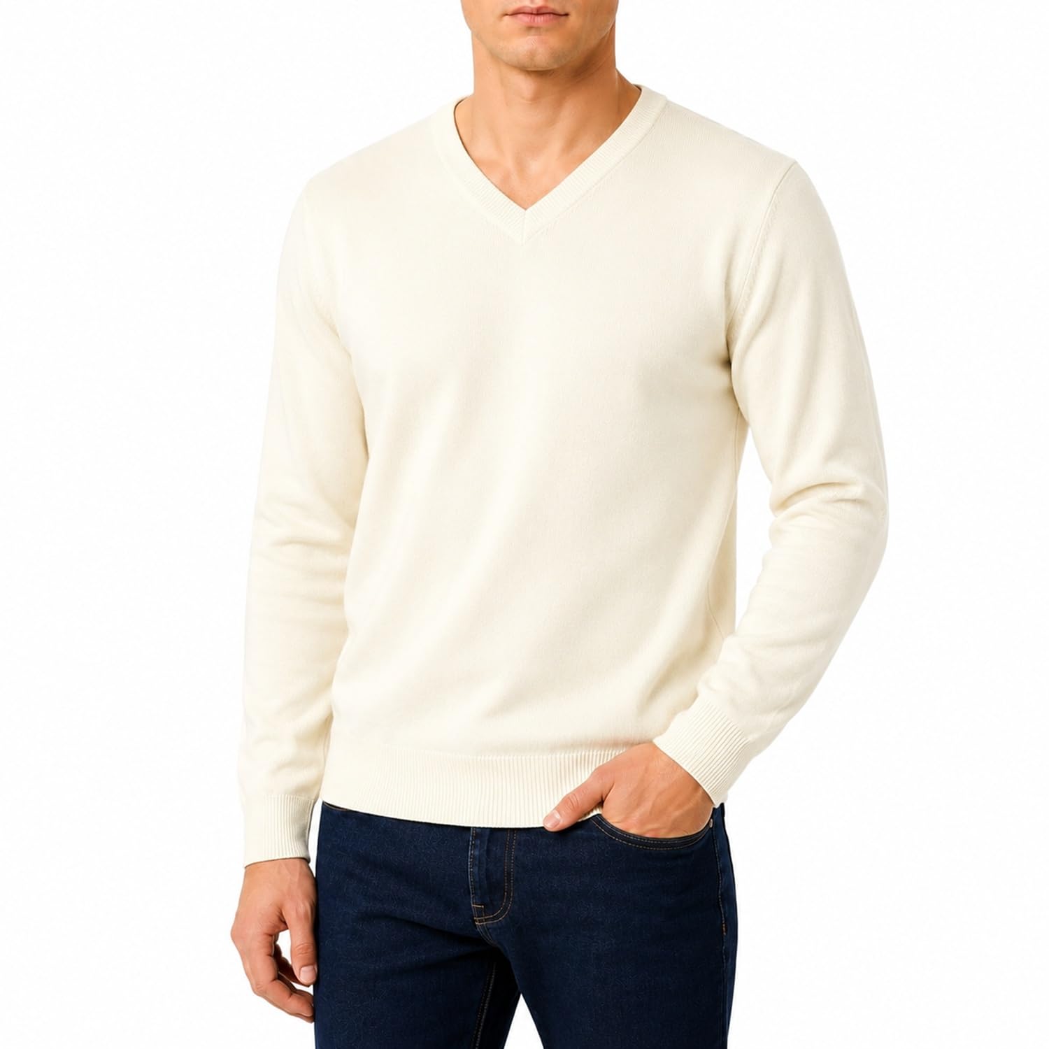 Castle Point Men's Cream - V Neck ’S 100% Cotton Knitted Jumper Lightweight V-Neck Pullover Sweater Classic Everyday Casual Knitwear (, S)