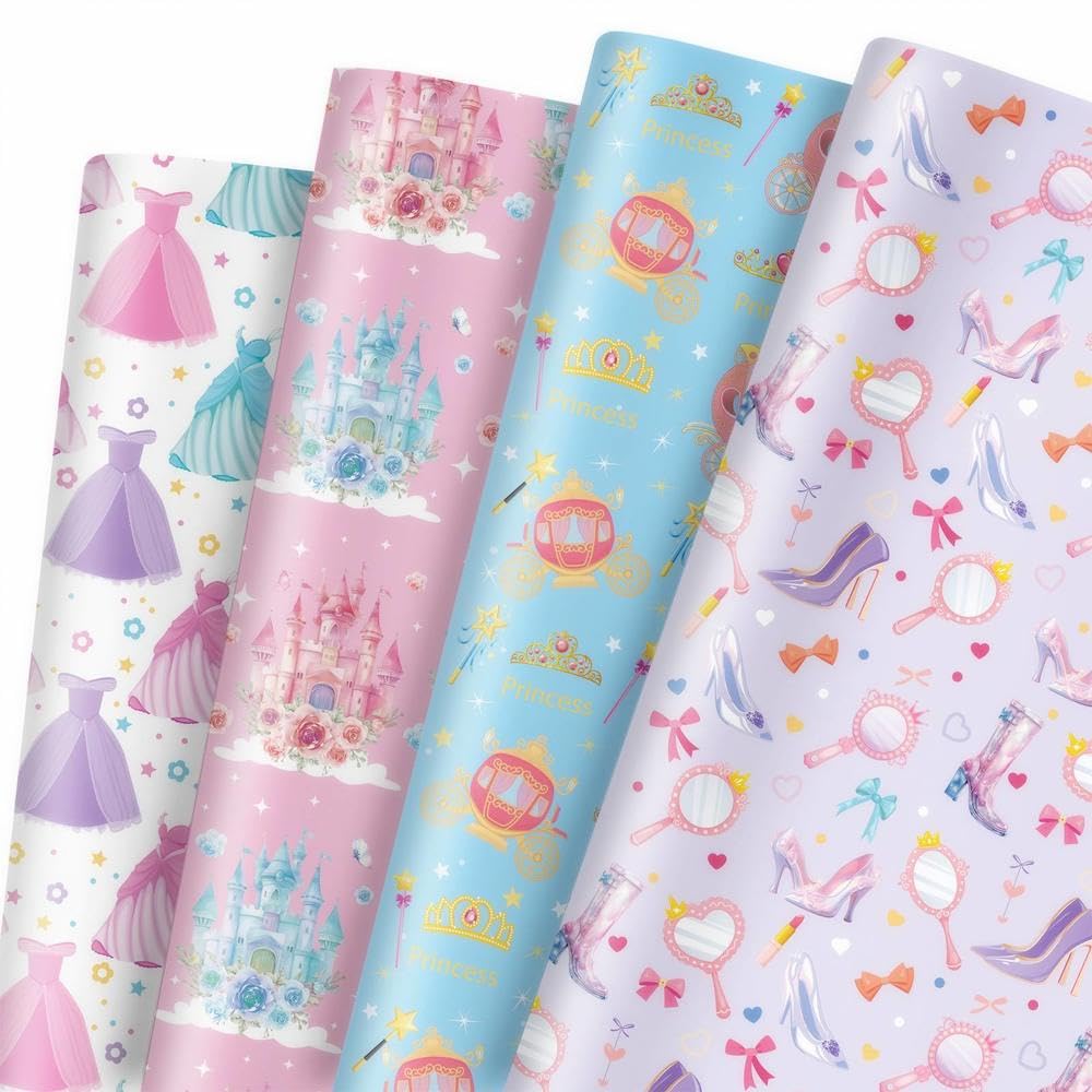 GleeWrap Princess Wrapping Paper, 12 Sheets Princess Castle Crown Dress Print Gift Wrap for Girls Birthday Baby Shower, 50 x 70 cm