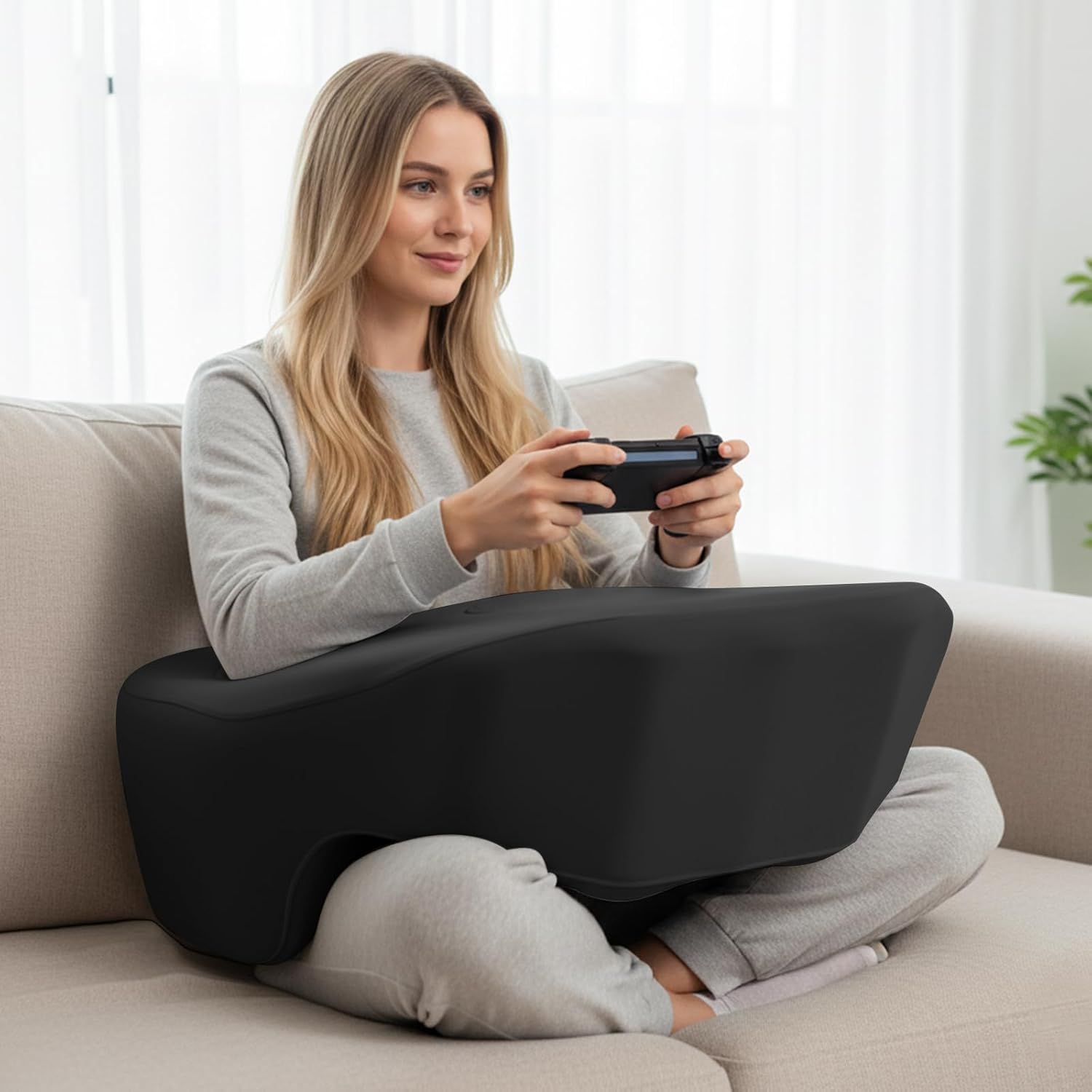 Reading Pillow for Gaming, Large Arm Rest Pillow for Adult, Memory Foam Desk Pillow with Cup & Phone Holder for Reading, Working, Crocheting, Playing Game or Sitting in Bed (Black)